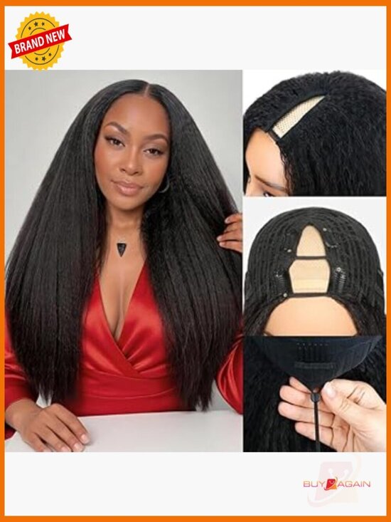 V Part Wig Human Hair Kinky Straight 250% Density Glueless Clip In Drawstring main image 6